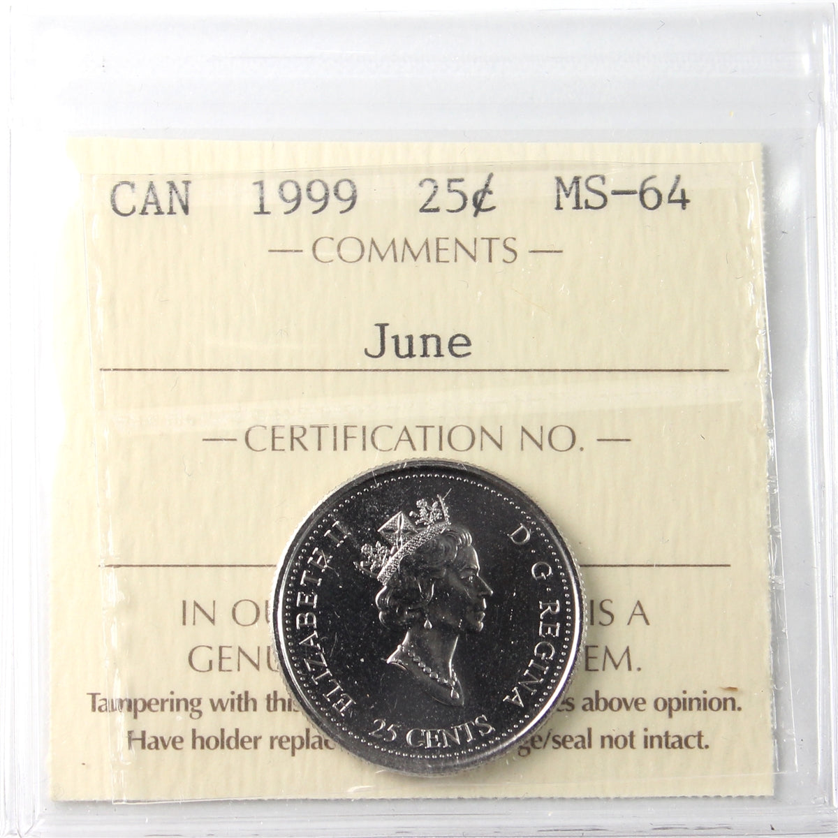 1999 June Canada 25-cents ICCS Certified MS64