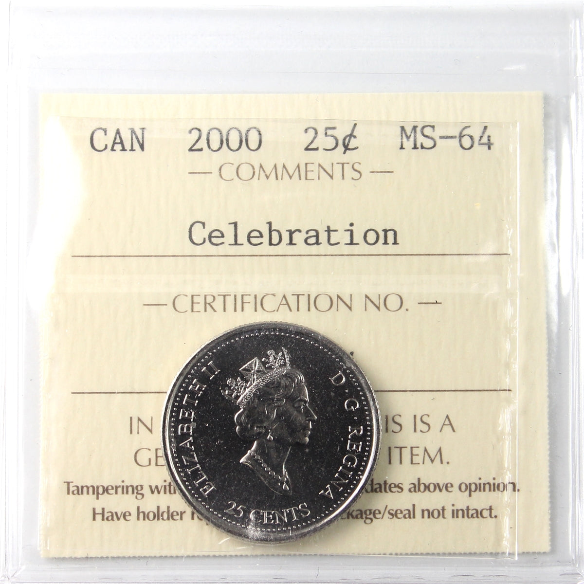 2000 Celebration Canada 25-cents ICCS Certified MS64