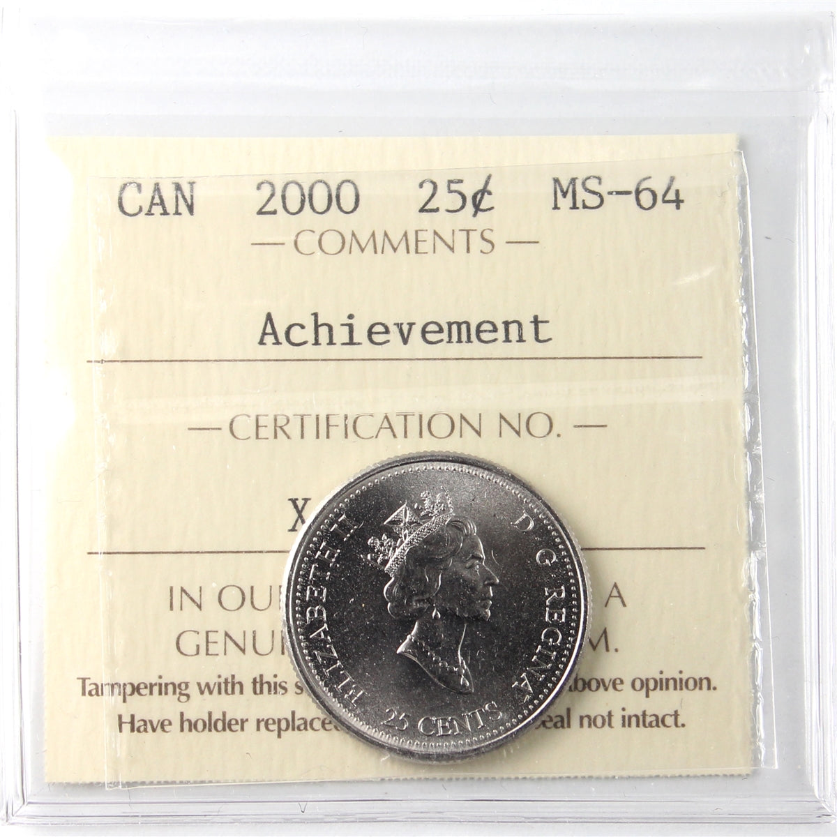 2000 Achievement Canada 25-cents ICCS Certified MS64