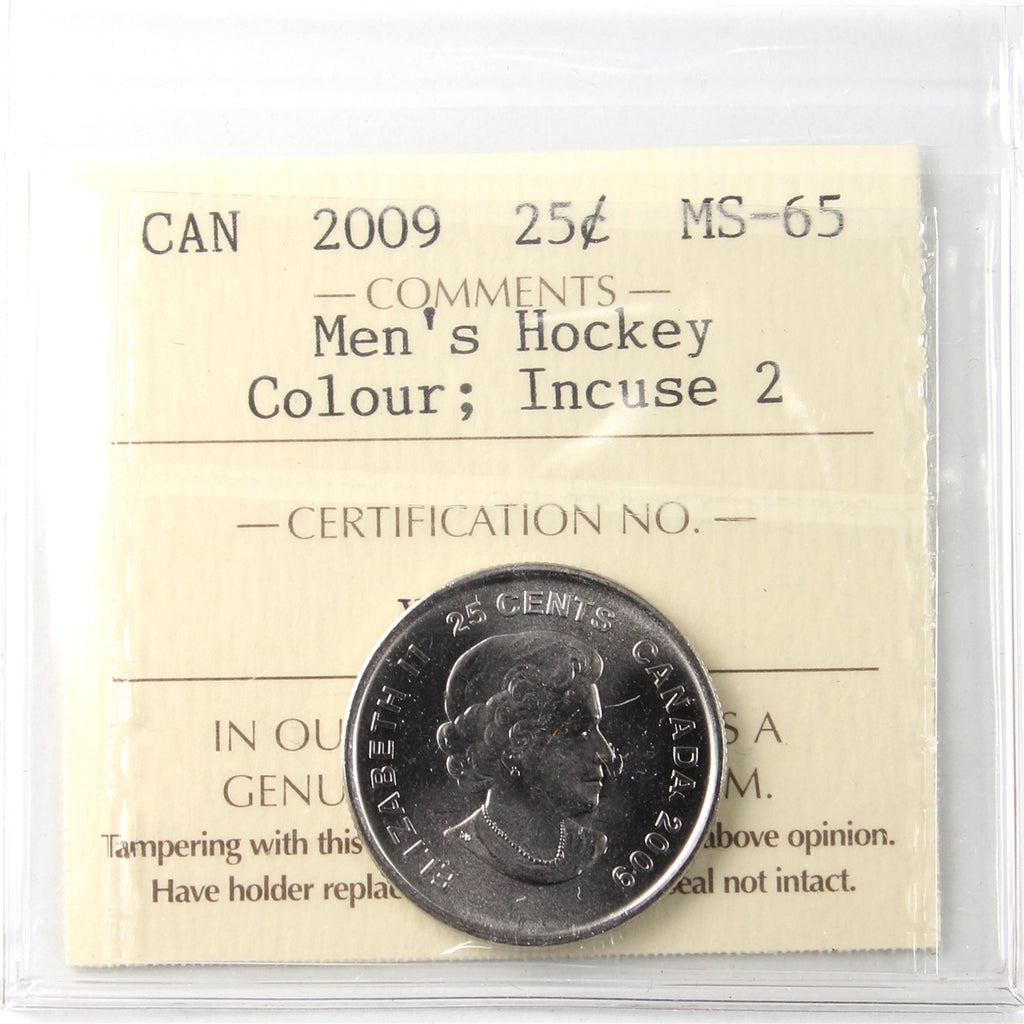 2009 Coloured Men's Hockey, Incuse 2 Canada 25-cents ICCS Certified MS65