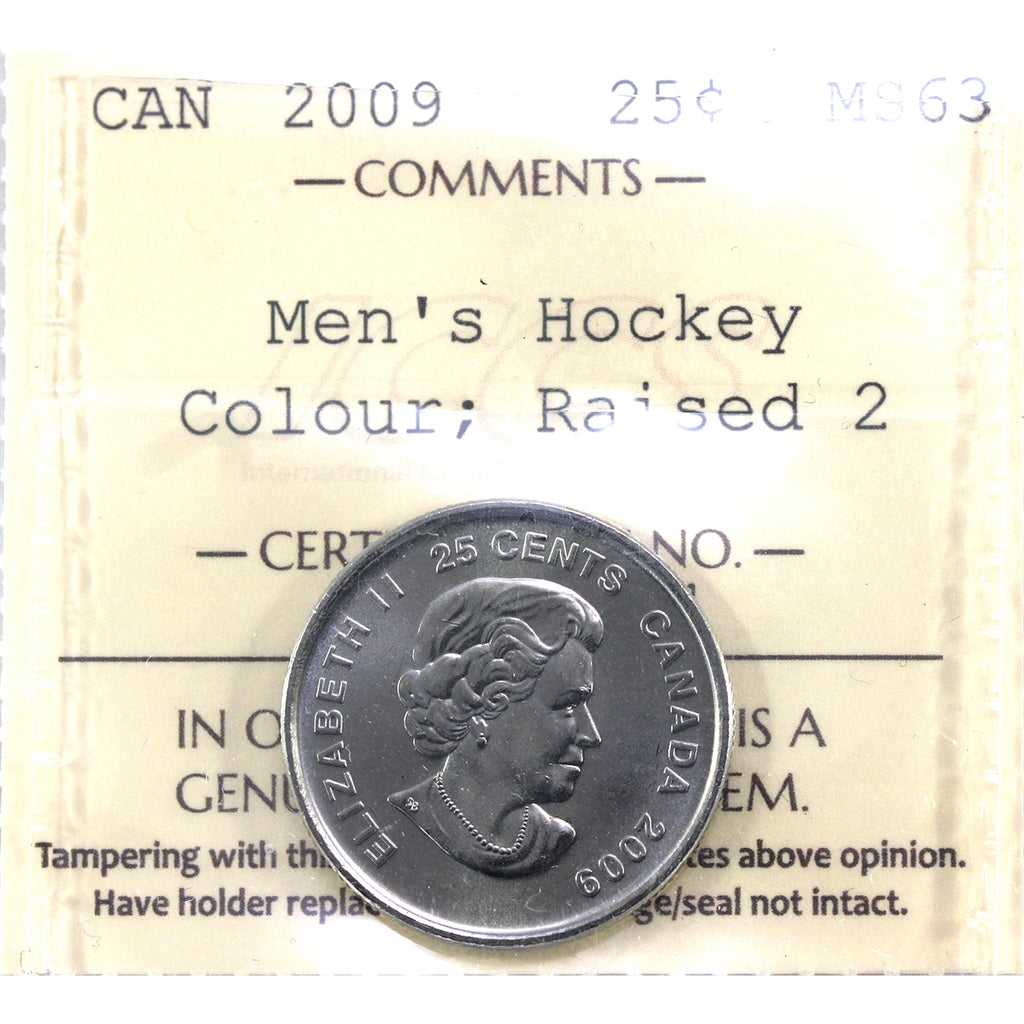 2009 Coloured Men's Hockey, Raised 2 Canada 25-cents ICCS Certified MS63