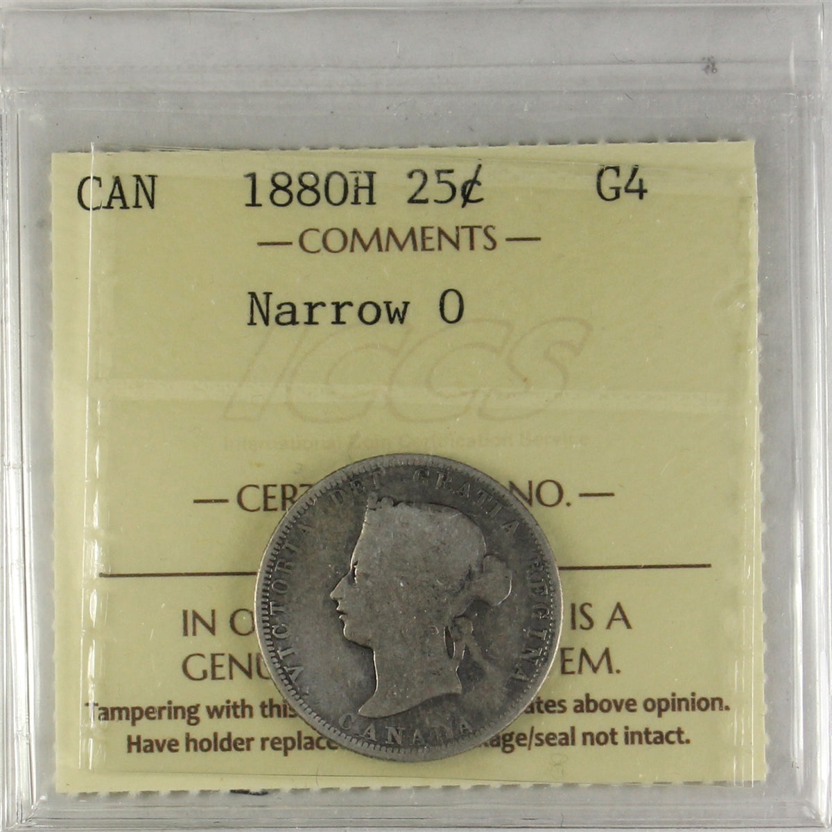1880H Narrow 0 Canada 25-cents ICCS Certified G4