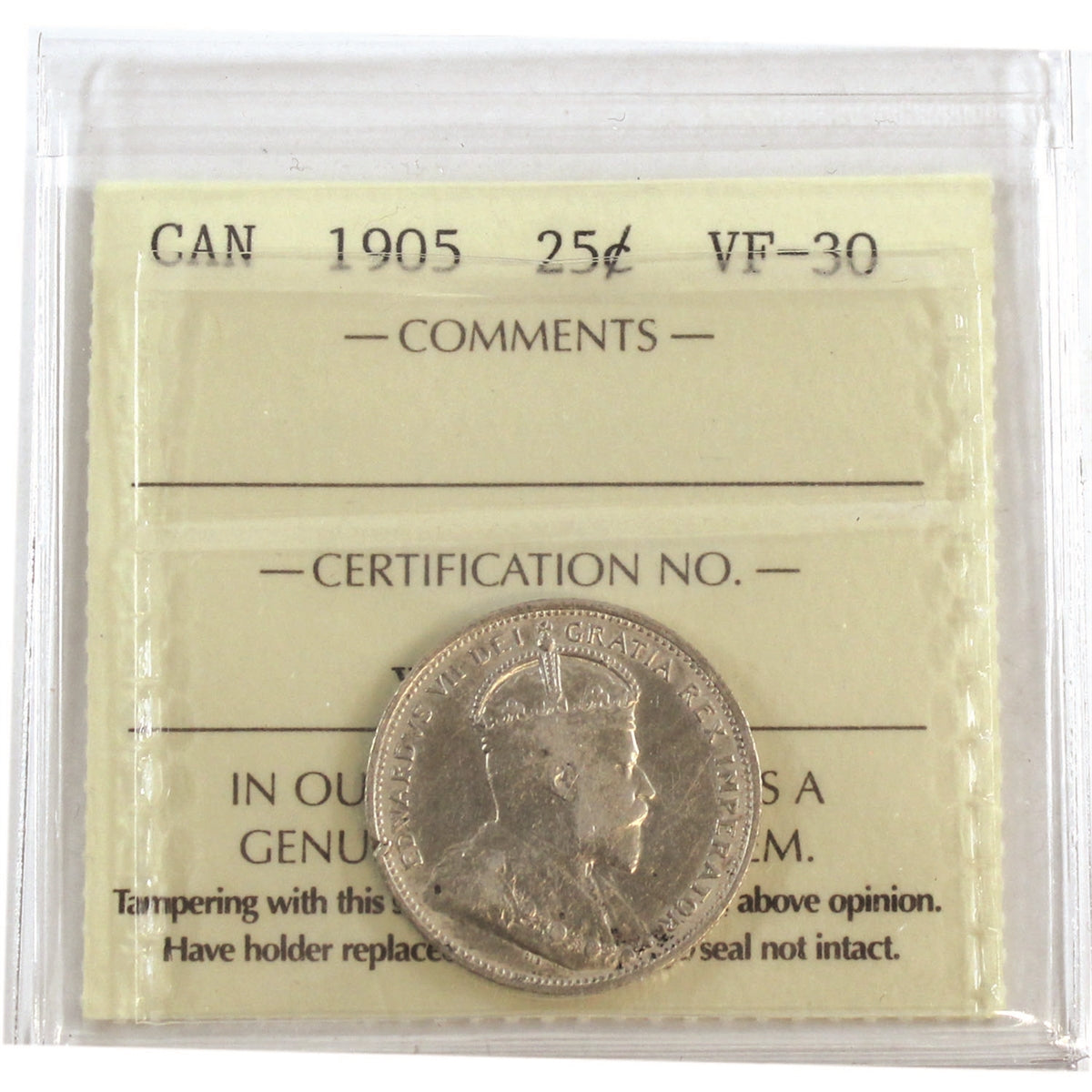 1905 Canada 25-cents ICCS Certified VF30