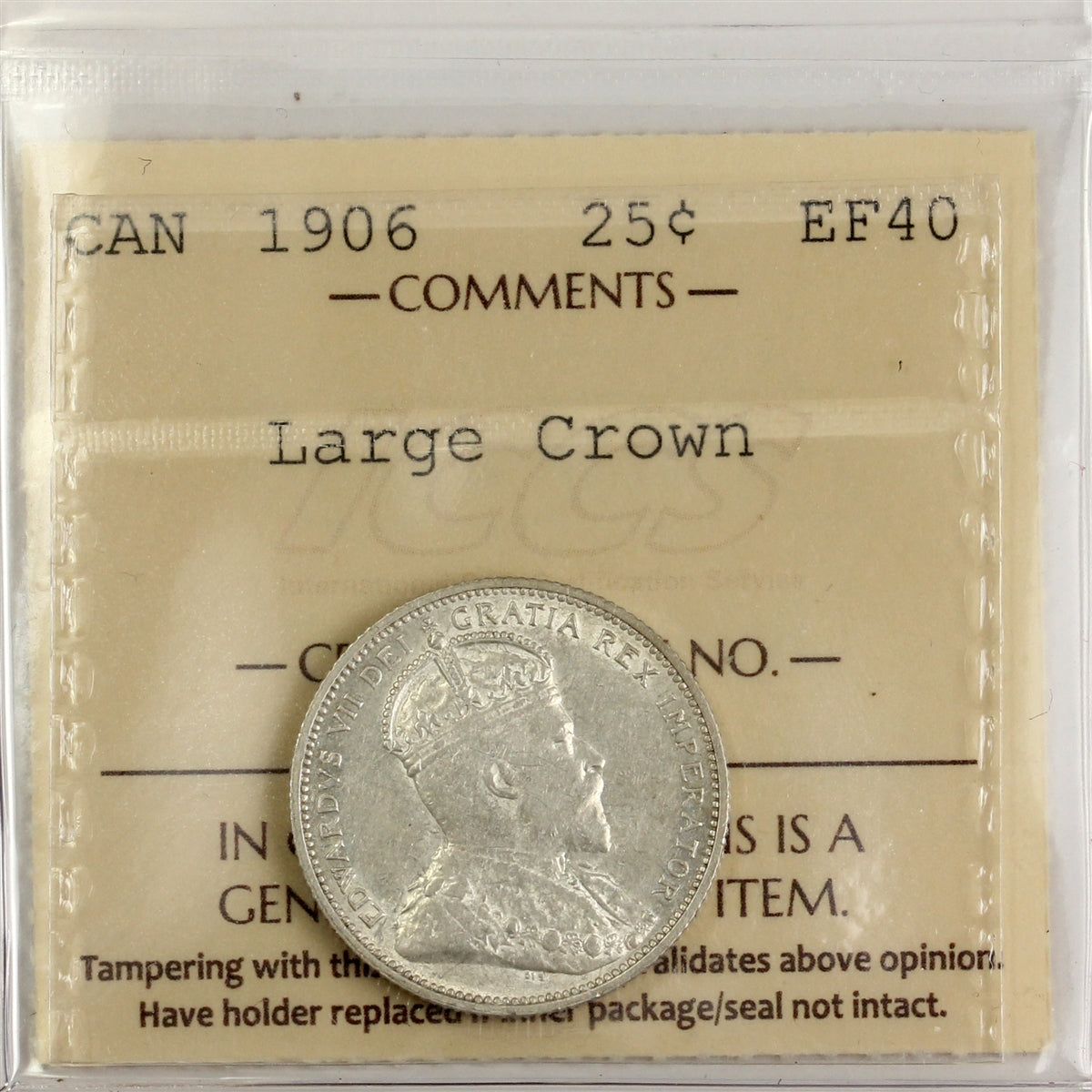 1906 Large Crown Canada 25-cents ICCS Certified EF40