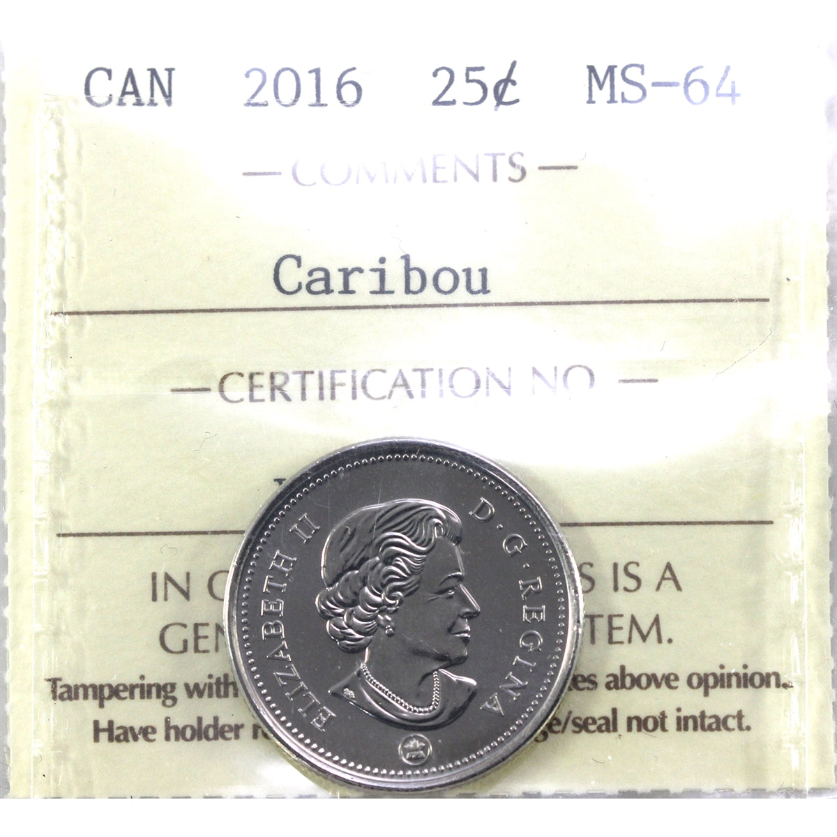 2016 Caribou Canada 25-cents ICCS Certified MS64