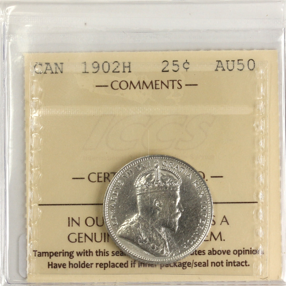 1902H Canada 25-cents ICCS Certified AU50