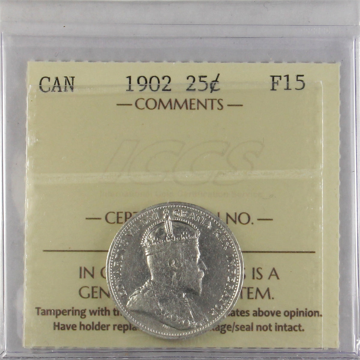 1902 Canada 25-cents ICCS Certified F15