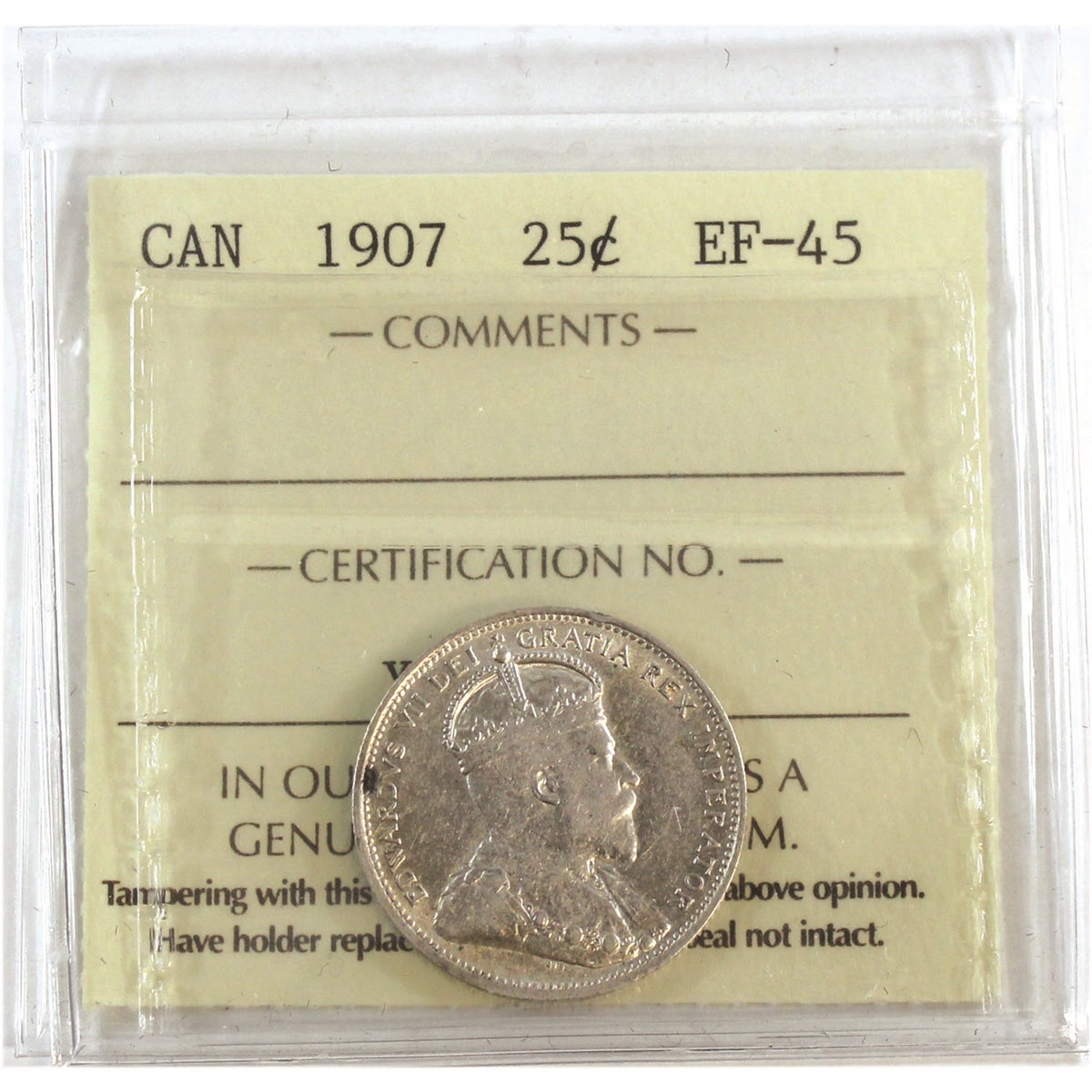 1907 Canada 25-cents ICCS Certified EF45