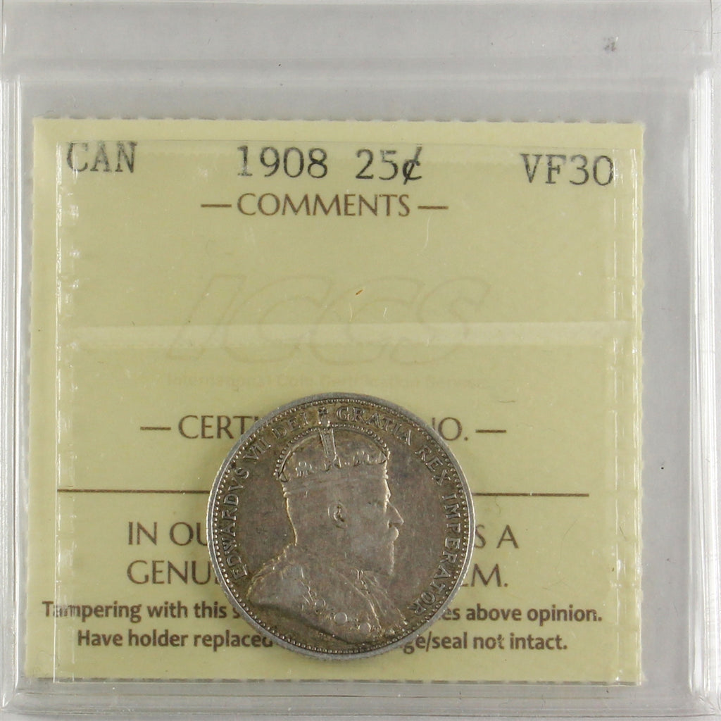 1908 Canada 25-cents ICCS Certified VF30