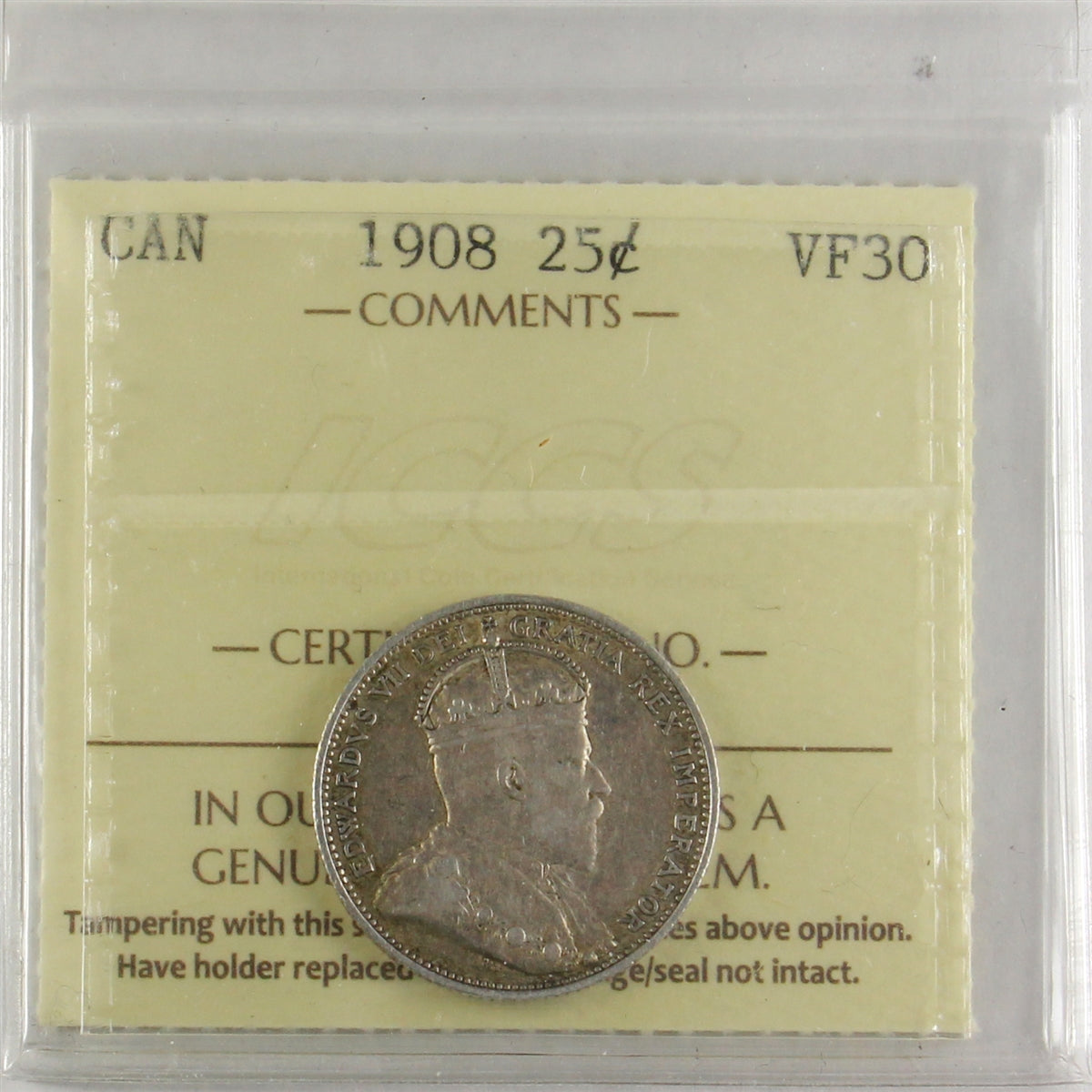 1908 Canada 25-cents ICCS Certified VF30