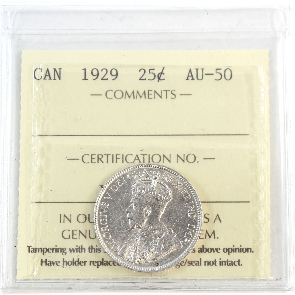 1929 Canada 25-cents ICCS Certified AU50
