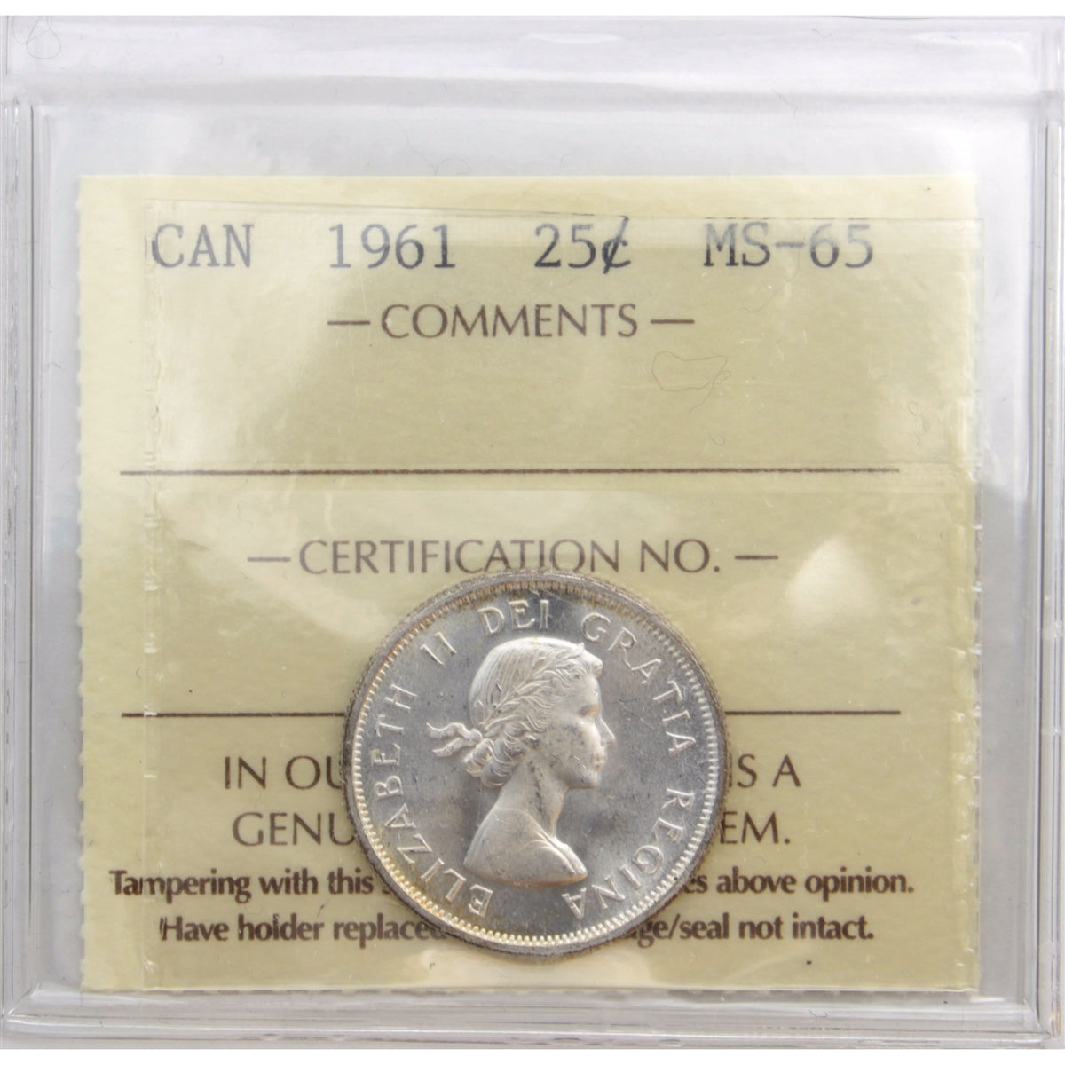 1961 Canada 25-cents ICCS Certified MS65