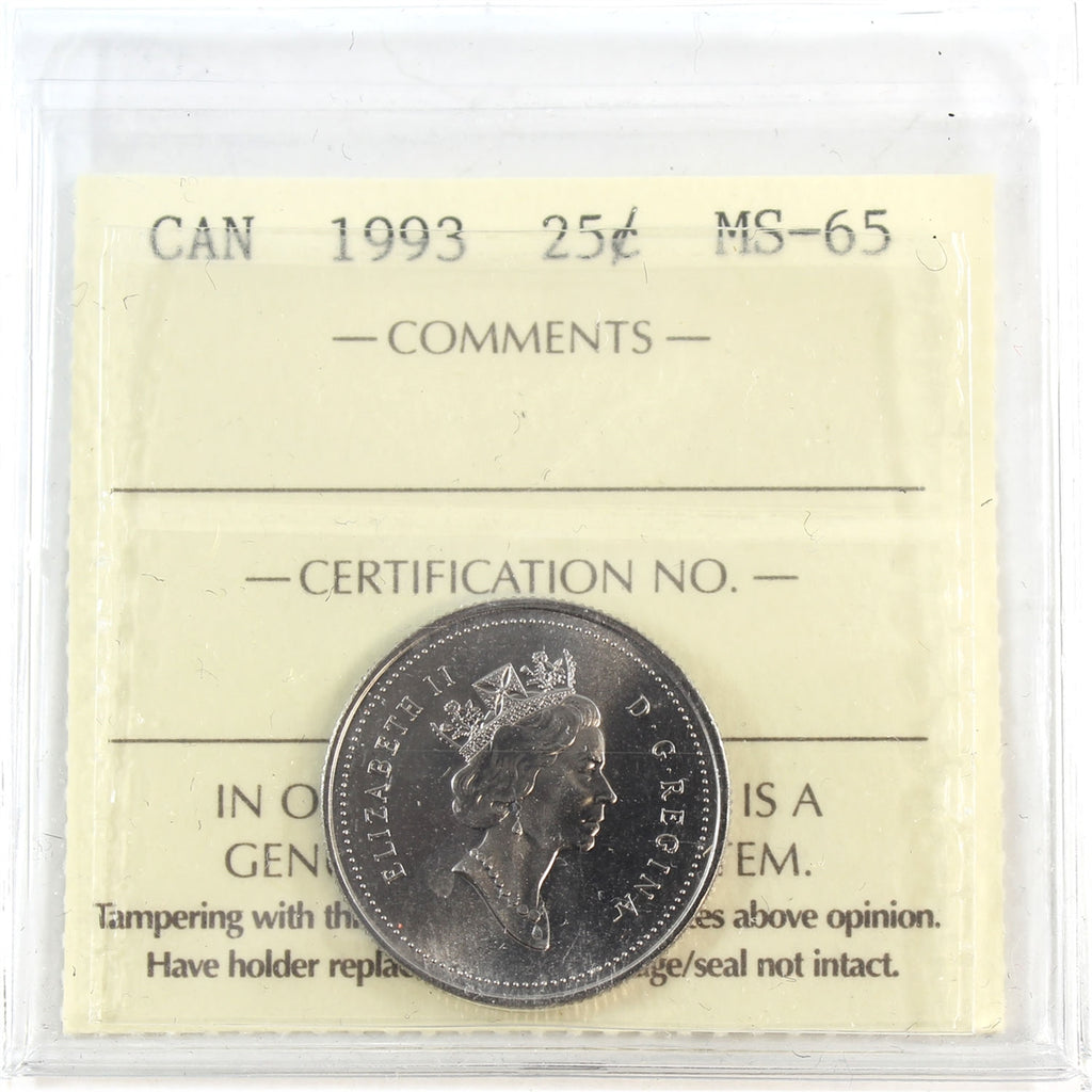 1993 Canada 25-cents ICCS Certified MS65