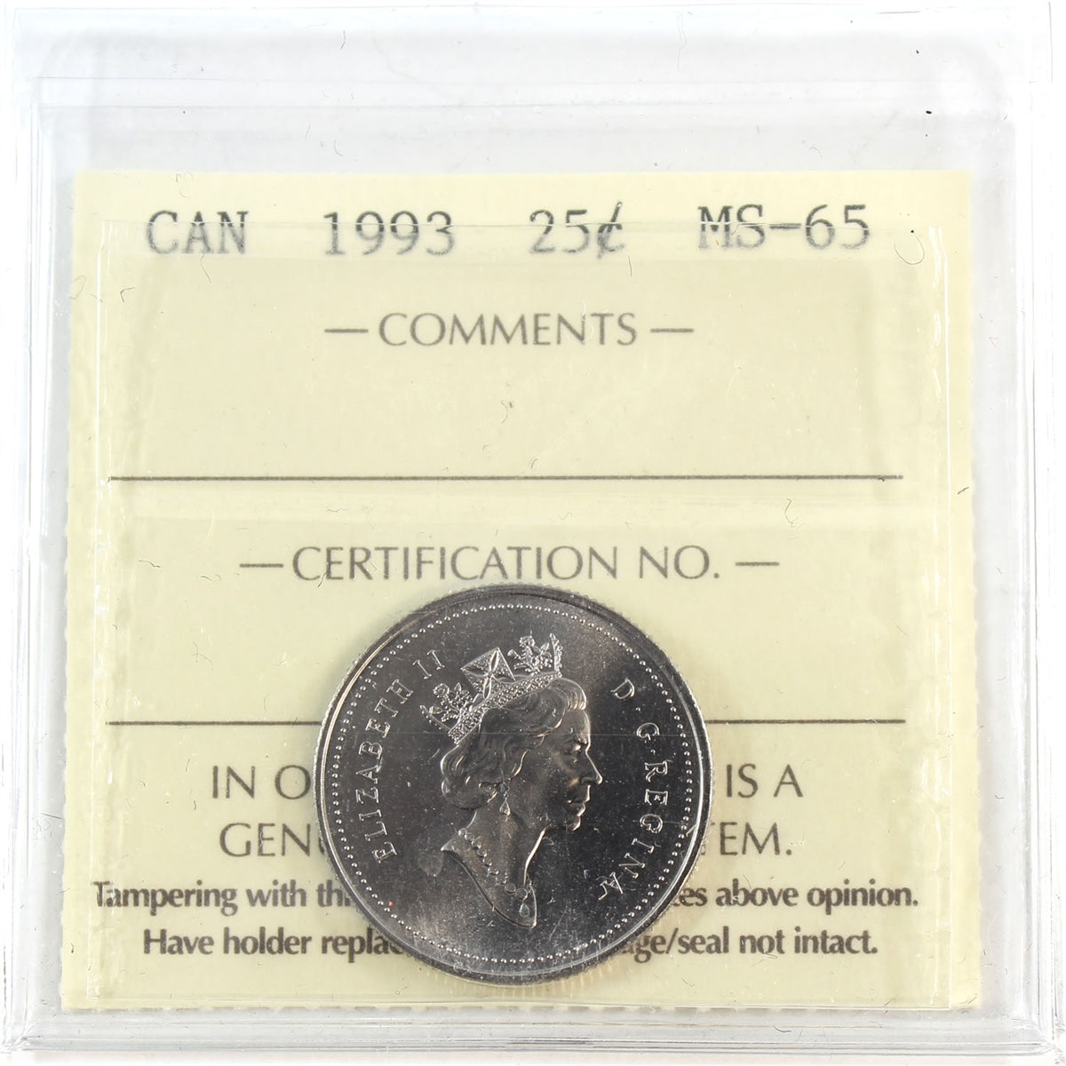 1993 Canada 25-cents ICCS Certified MS65