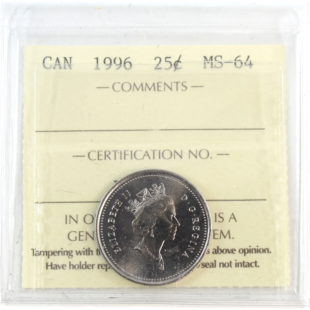 1996 Canada 25-cents ICCS Certified MS64