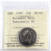 1999 November Mule Canada 25-cents ICCS Certified MS65 NBU