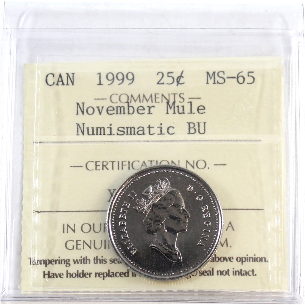 1999 November Mule Canada 25-cents ICCS Certified MS65 NBU