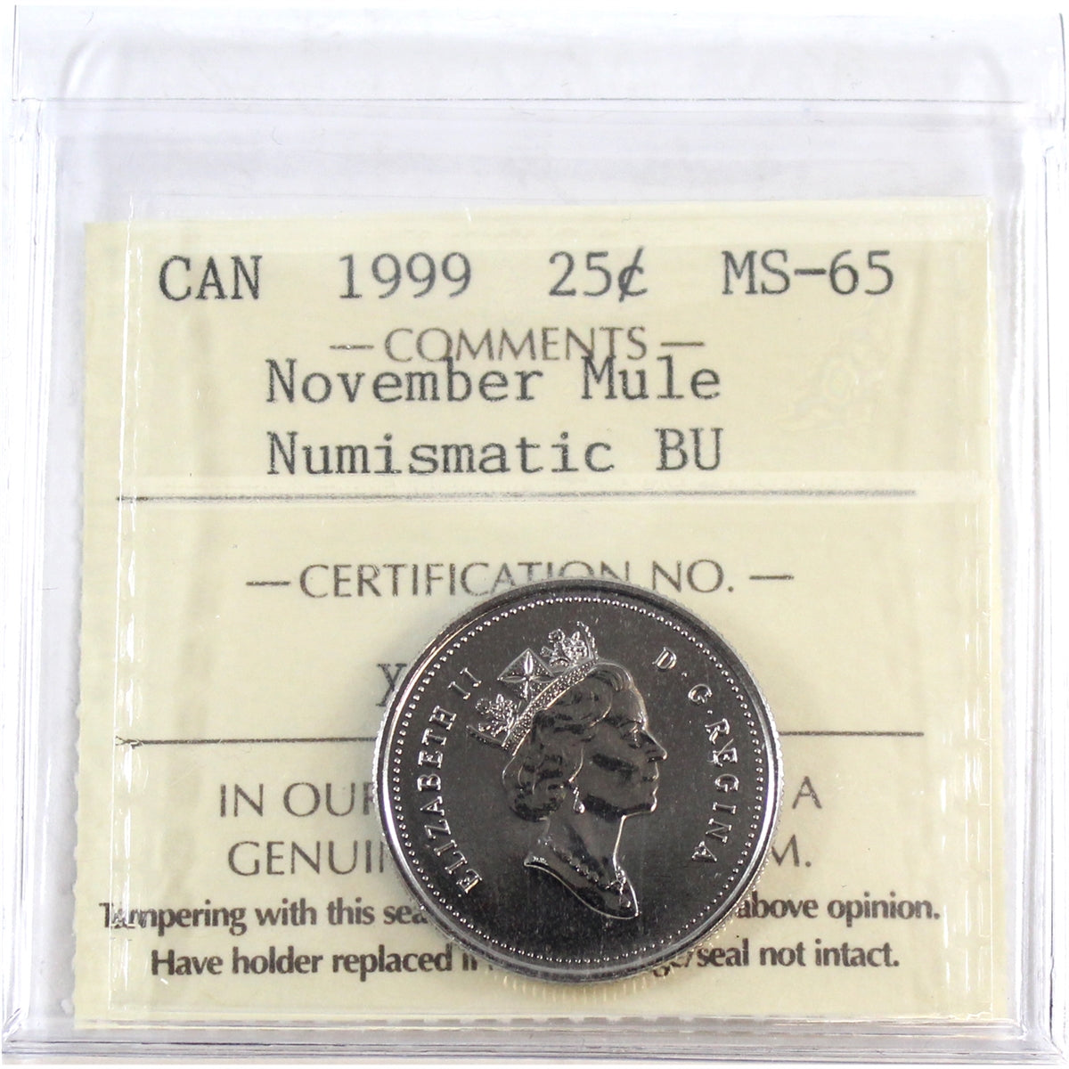 1999 November Mule Canada 25-cents ICCS Certified MS65 NBU