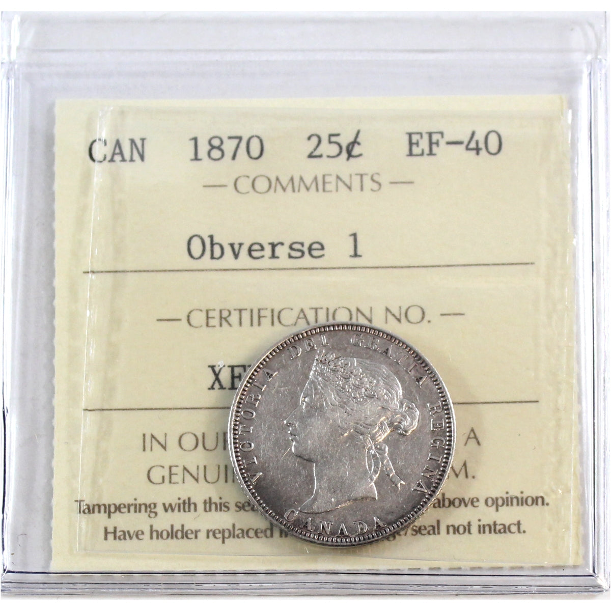 1870 Obv. 1 Canada 25-cents ICCS Certified VF20