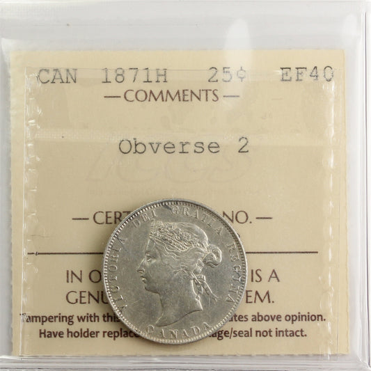 1871H Obv. 2 Canada 25-cents ICCS Certified EF-40