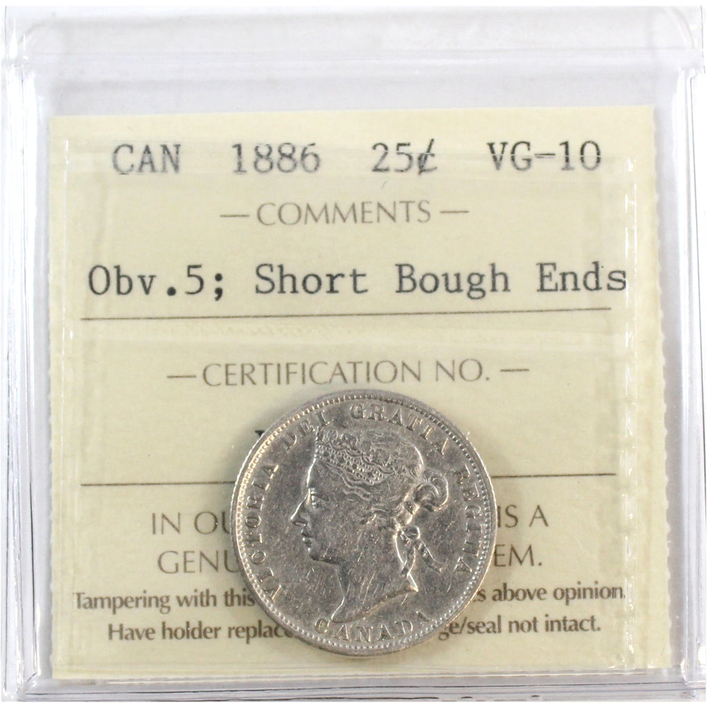 1886 Short Bough Ends, Obv. 5 Canada 25-cents ICCS Certified VG10
