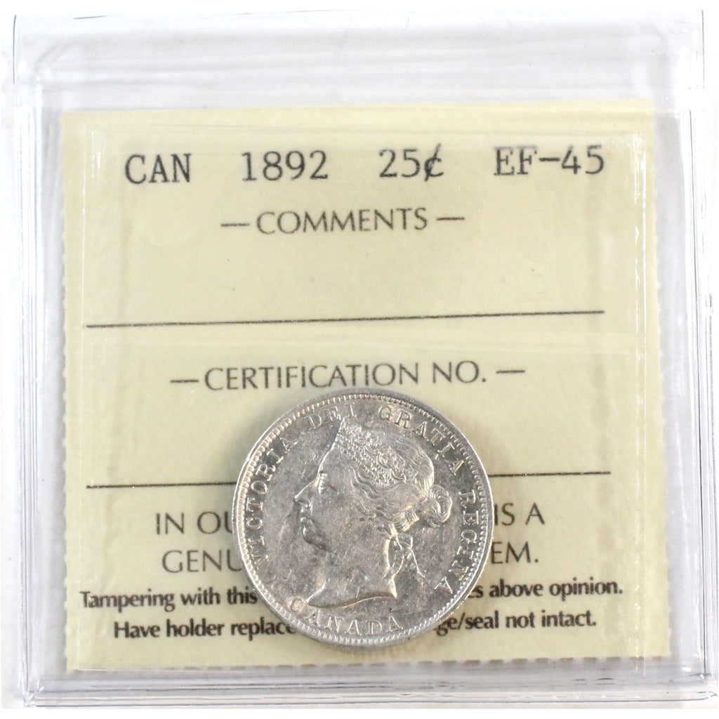 1892 Canada 25-cents ICCS Certified EF45