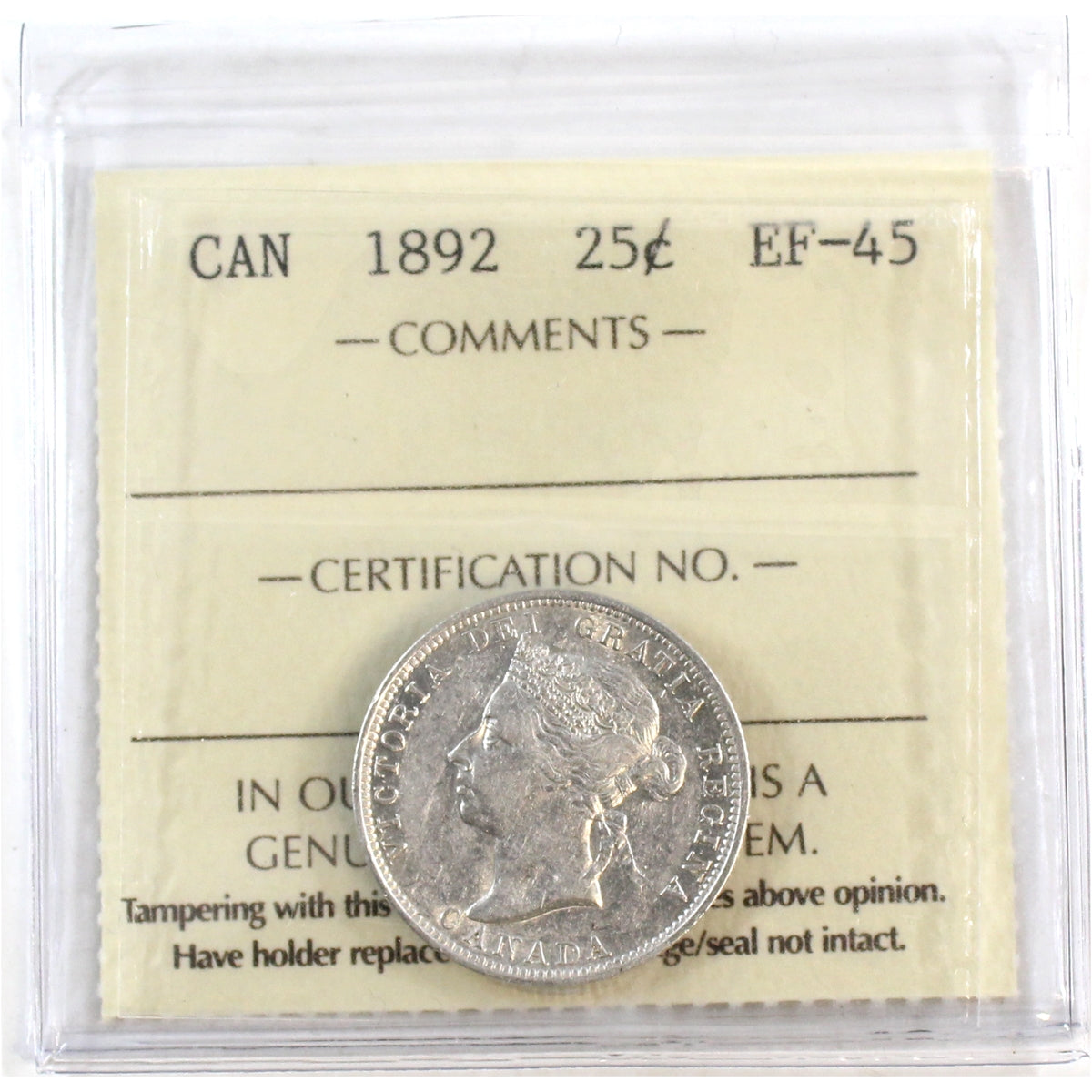 1892 Canada 25-cents ICCS Certified EF45