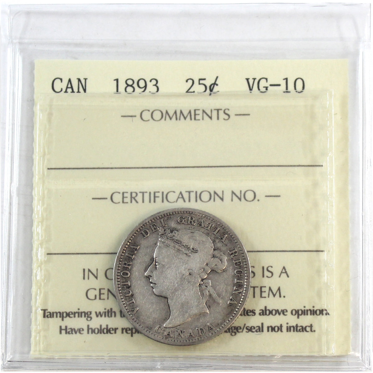 1893 Canada 25-cents ICCS Certified VG10