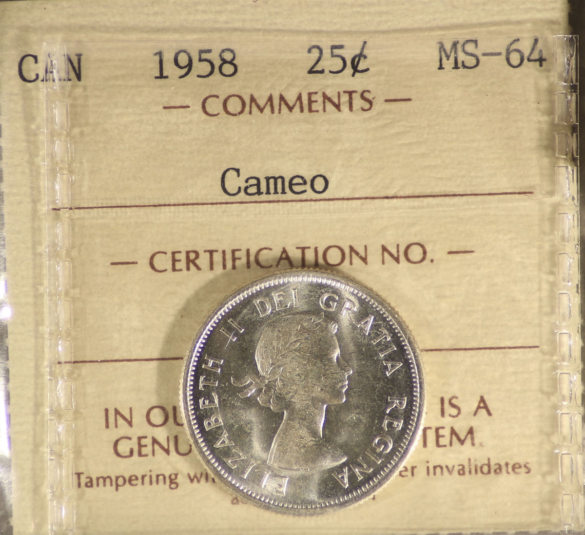 1958 Canada 25-cents ICCS Certified MS64 Cameo