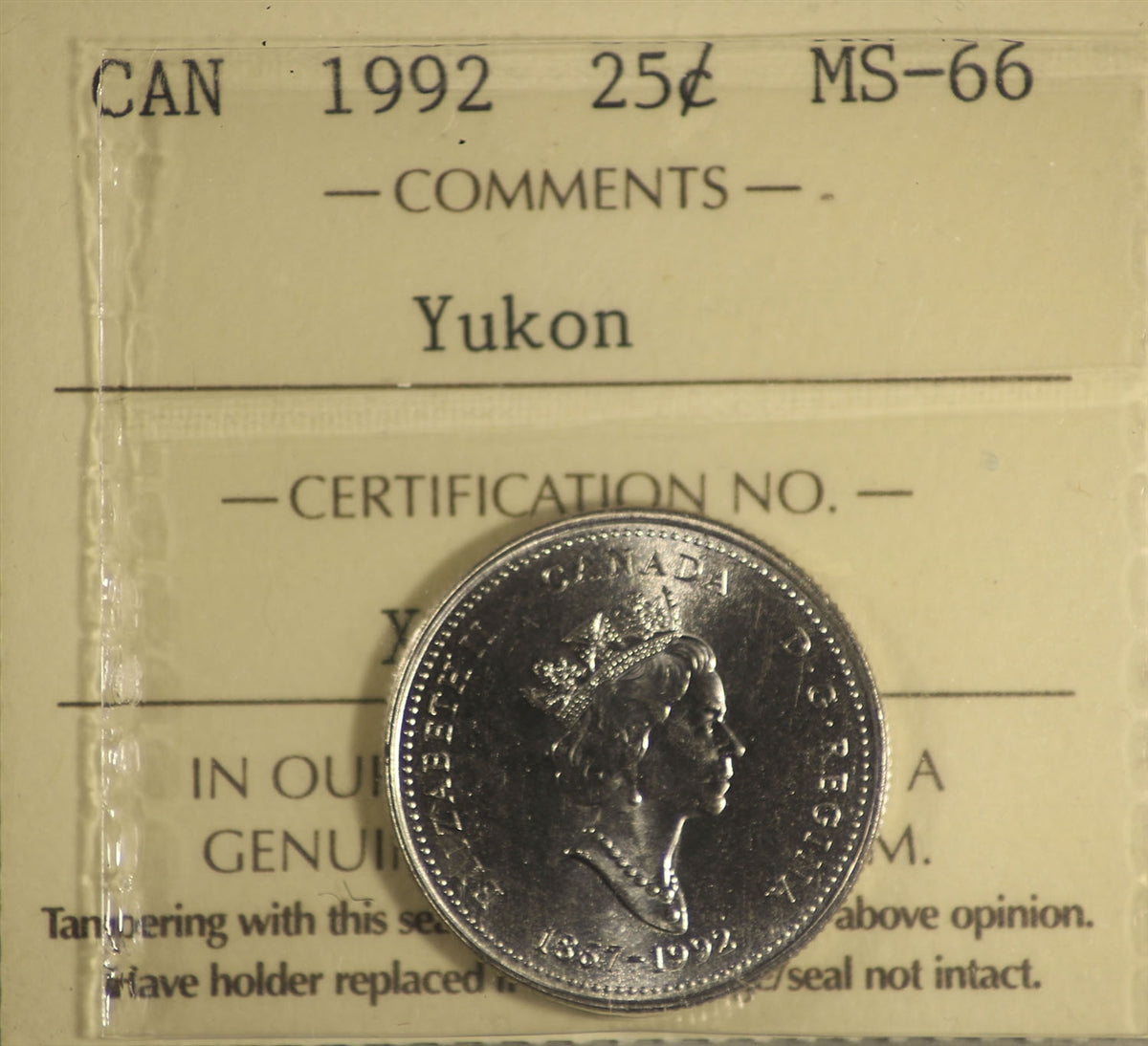 1992 Canada 25-cents ICCS Certified MS66 Yukon