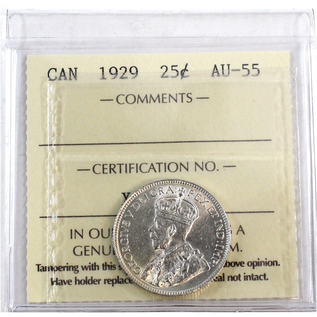 1929 Canada 25-cents ICCS Certified AU55