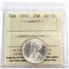 1932 Canada 25-cents ICCS Certified AU-58