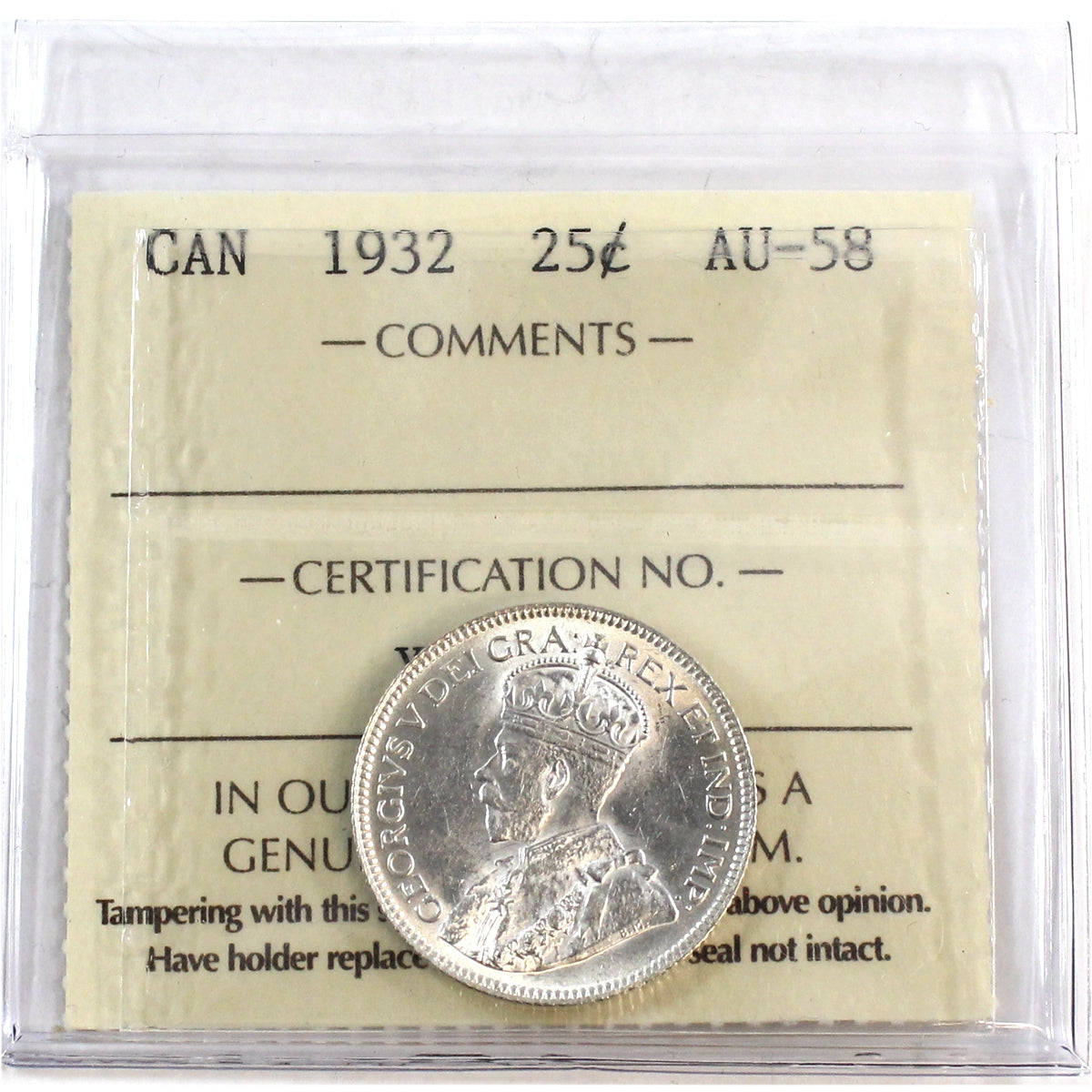 1932 Canada 25-cents ICCS Certified AU-58