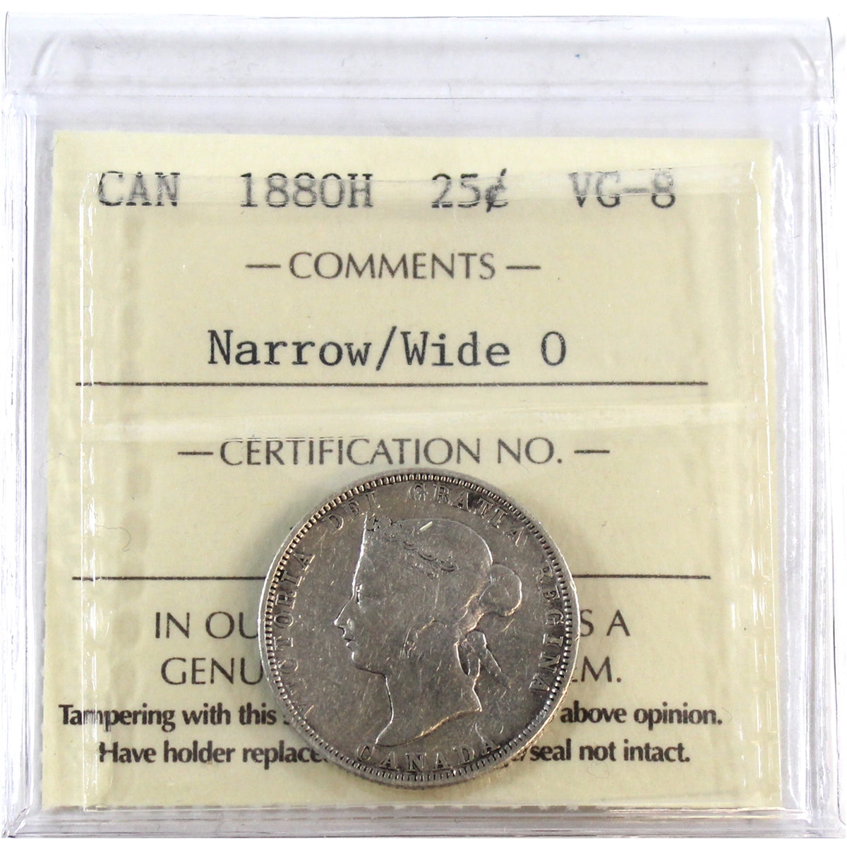 1880H Narrow/Wide O Canada 25-cents ICCS Certified VG8