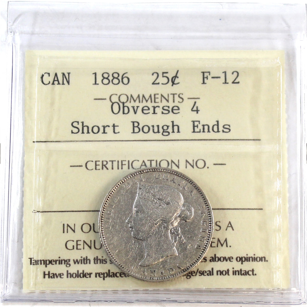 1886 Short Bough Ends, Obv. 4 Canada 25-cents ICCS Certified F12