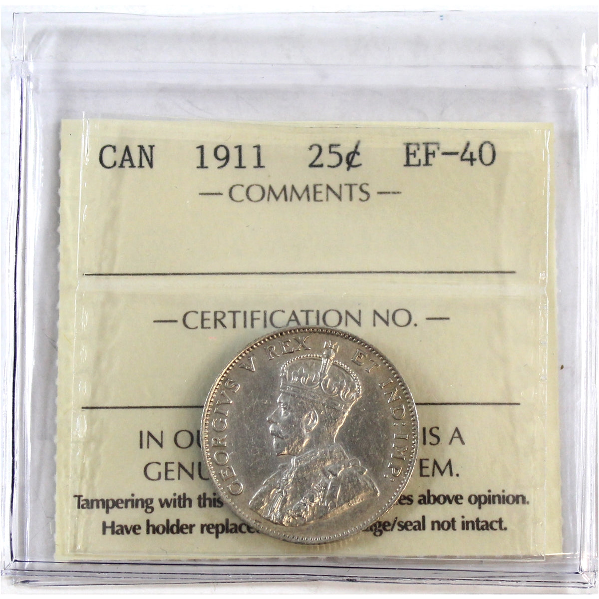 1911 Canada 25-cents ICCS Certified EF40