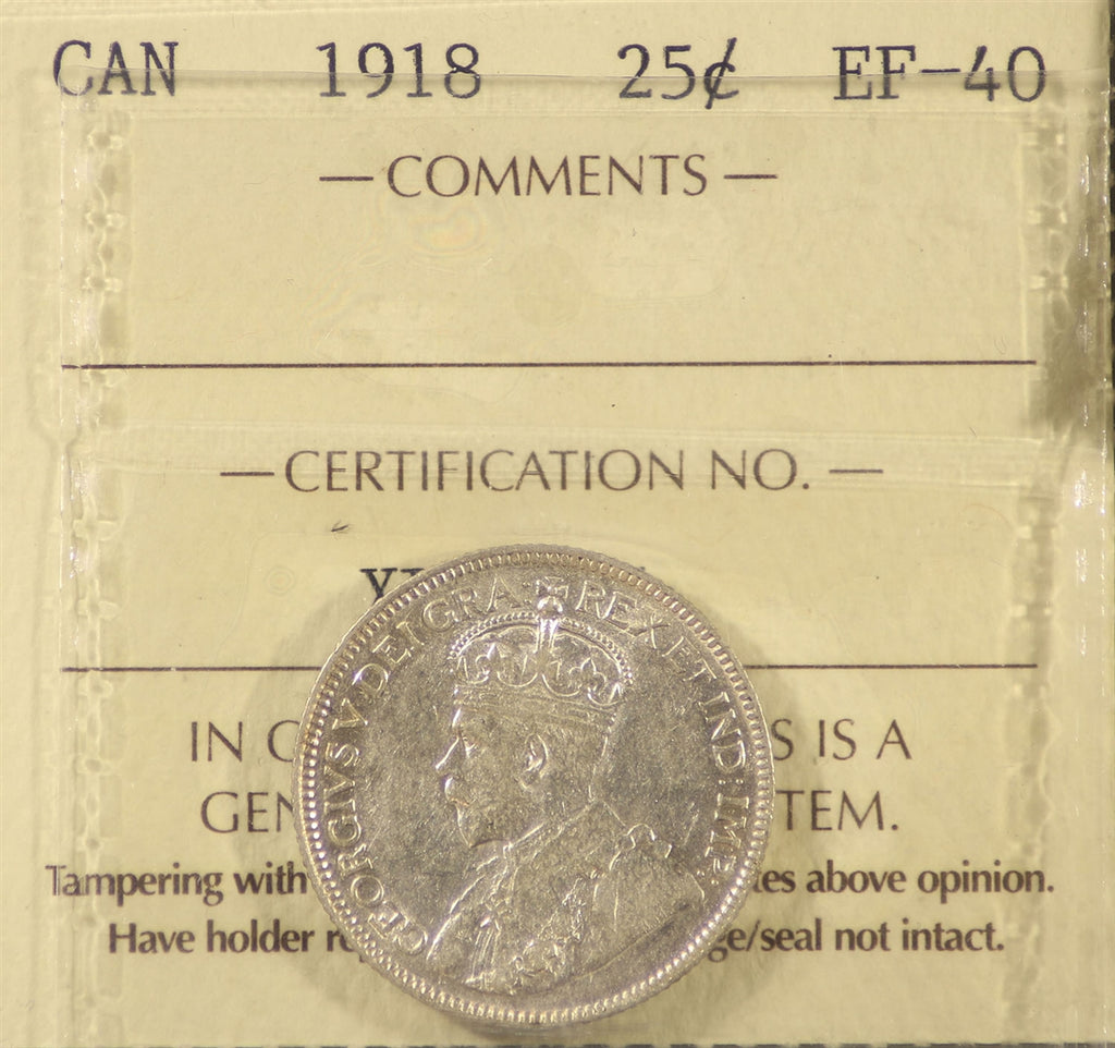 1918 Canada 25-cents ICCS Certified EF40