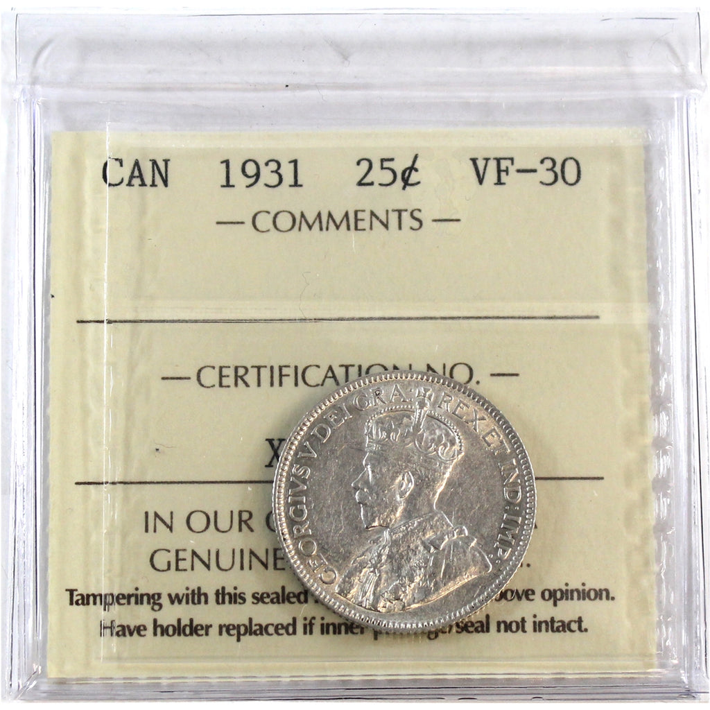 1931 Canada 25-cents ICCS Certified VF30