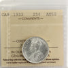 1933 Canada 25-cents ICCS Certified AU50