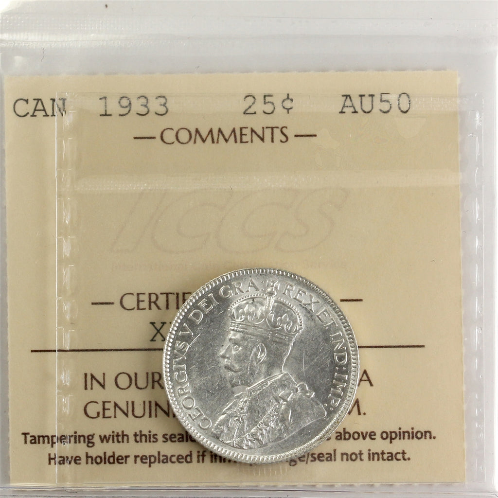 1933 Canada 25-cents ICCS Certified AU50