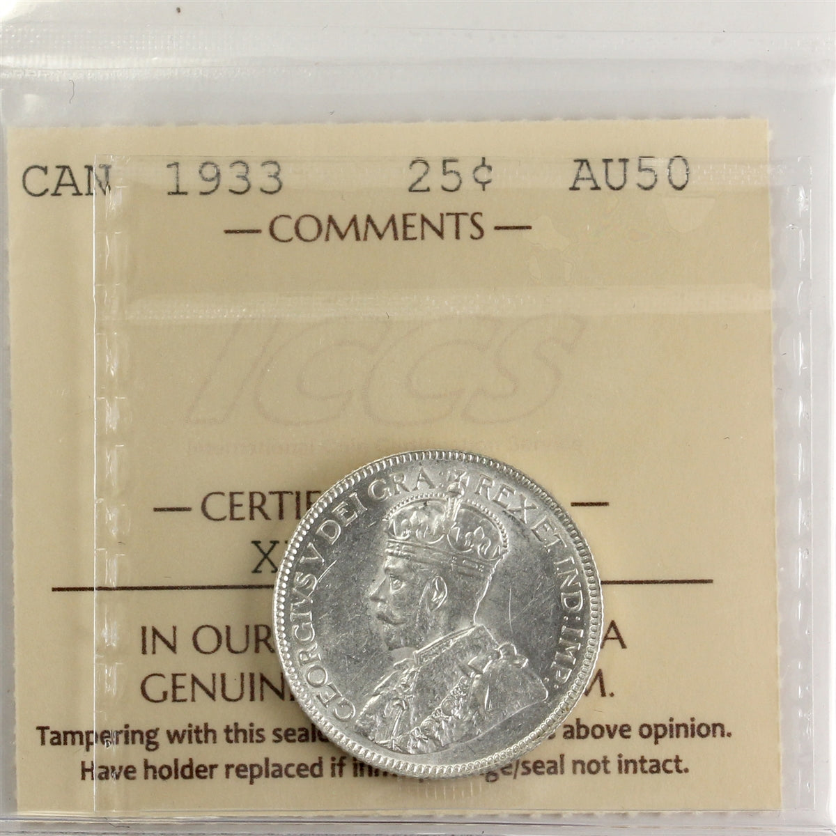 1933 Canada 25-cents ICCS Certified AU50