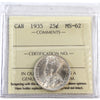 1935 Canada 25-cents ICCS Certified MS62 (XQL 209)