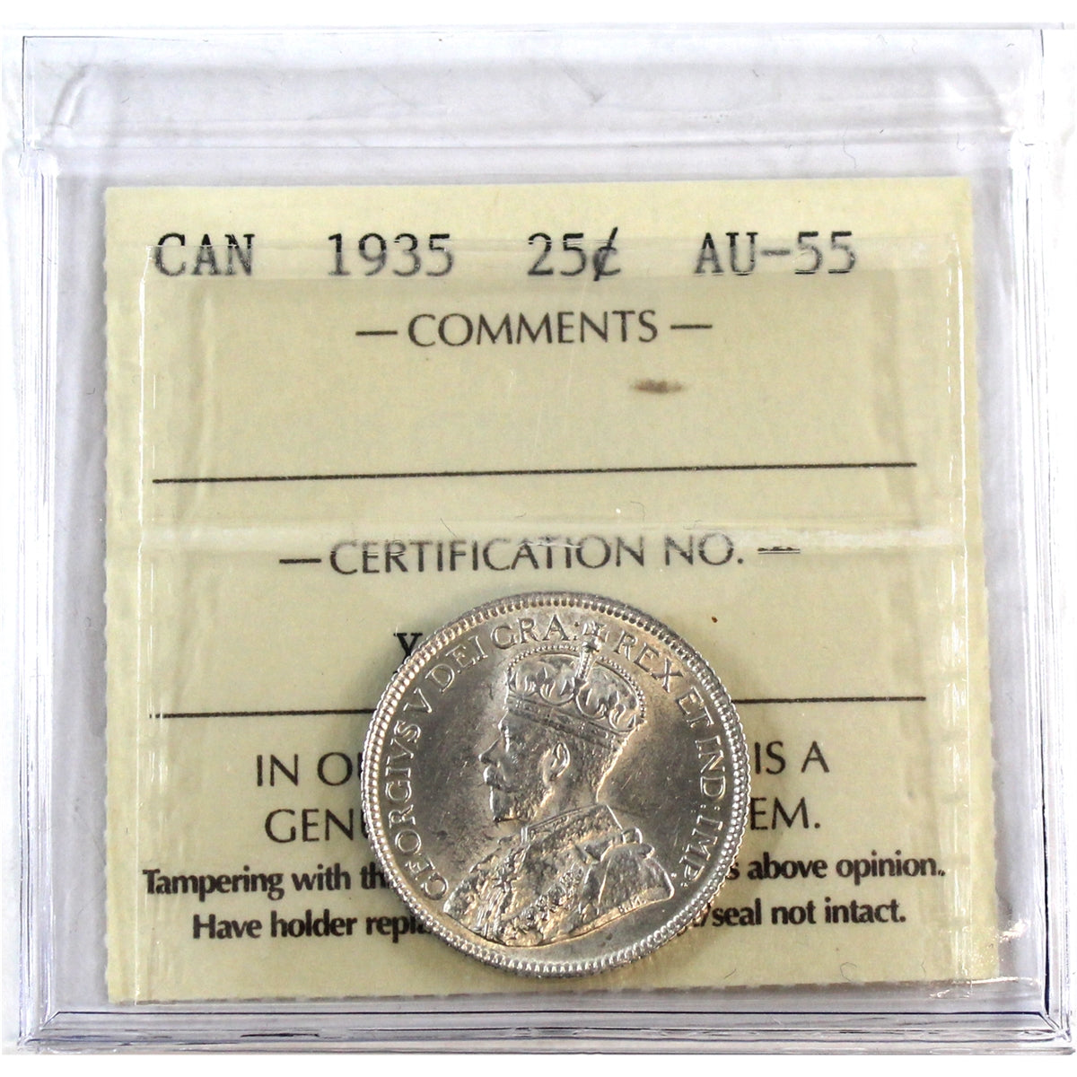 1935 Canada 25-cents ICCS Certified AU55