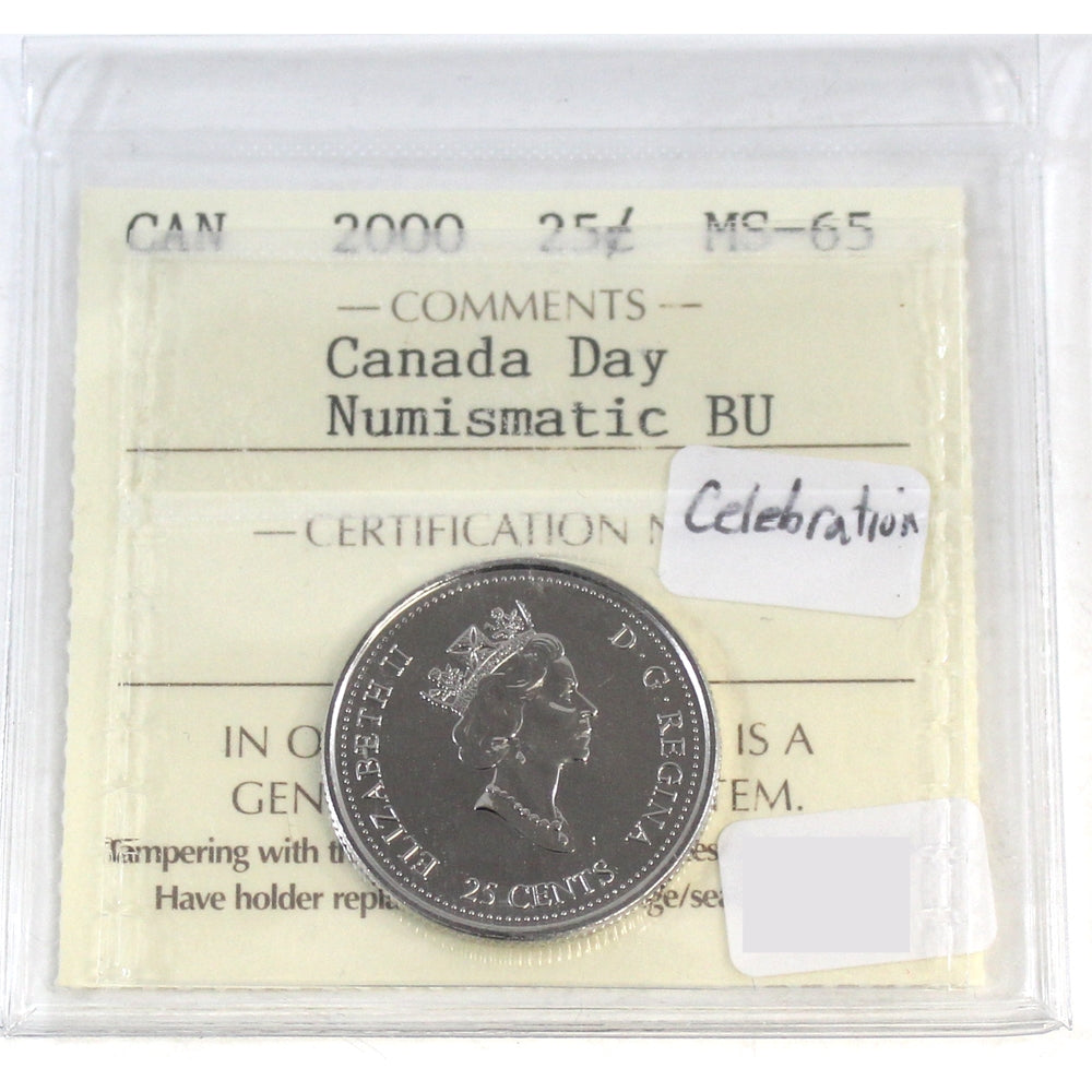 2000 Celebration Coloured Canada Day 25-cents ICCS Certified MS65 NBU