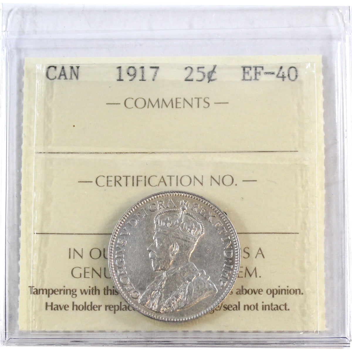 1917 Canada 25-cents ICCS Certified EF40