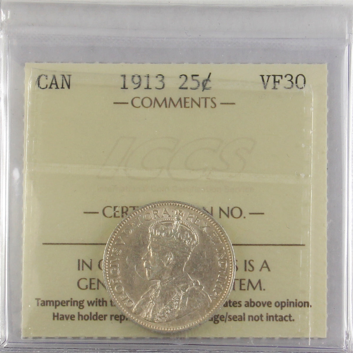 1913 Canada 25-cents ICCS Certified VF30
