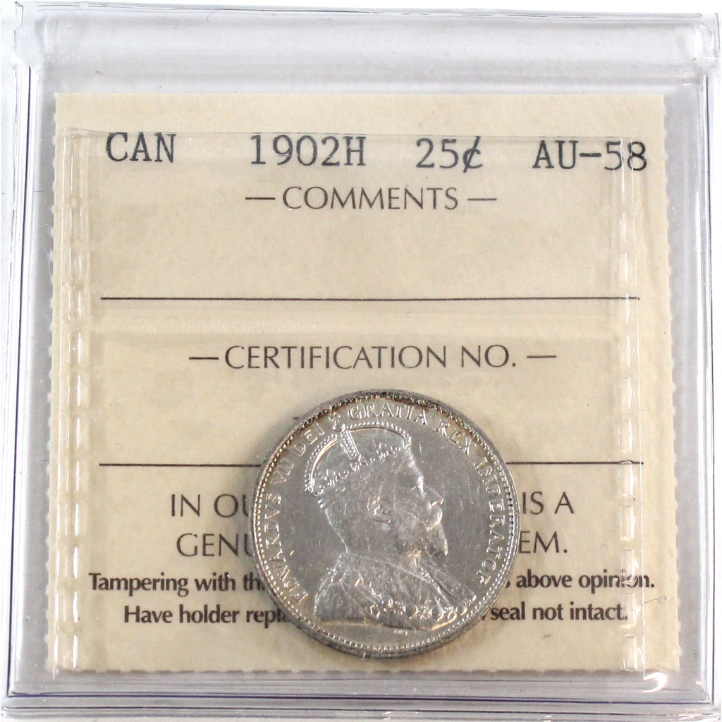 1902H Canada 25-cents ICCS Certified AU-58