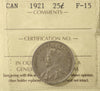 1921 Canada 25-cents ICCS Certified F15
