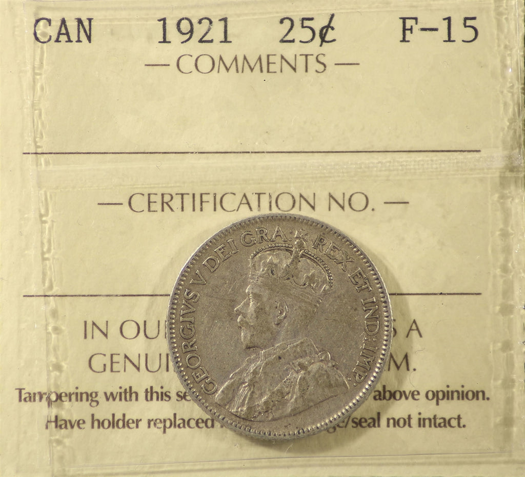 1921 Canada 25-cents ICCS Certified F15