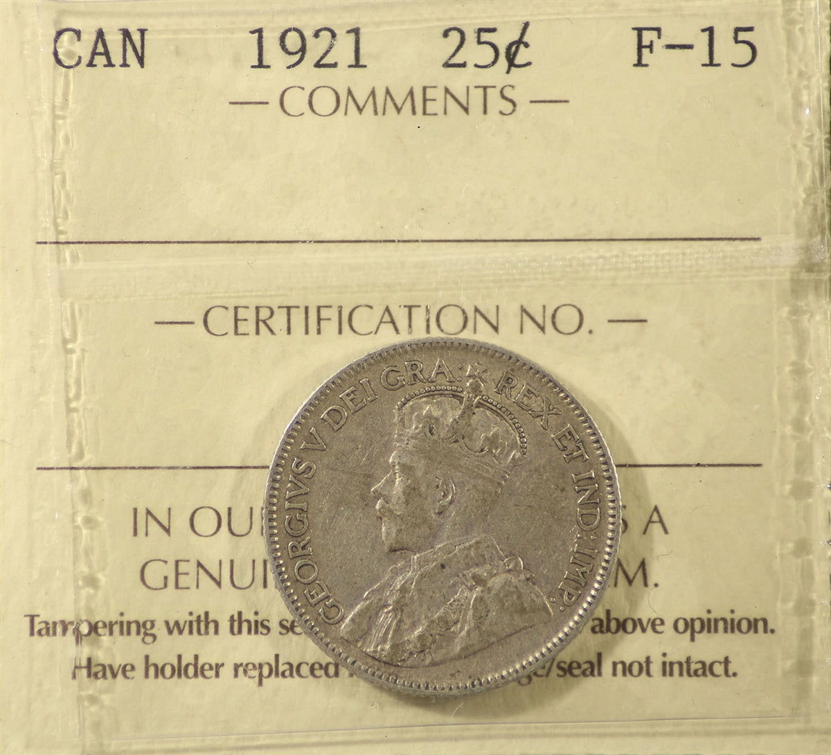 1921 Canada 25-cents ICCS Certified F15